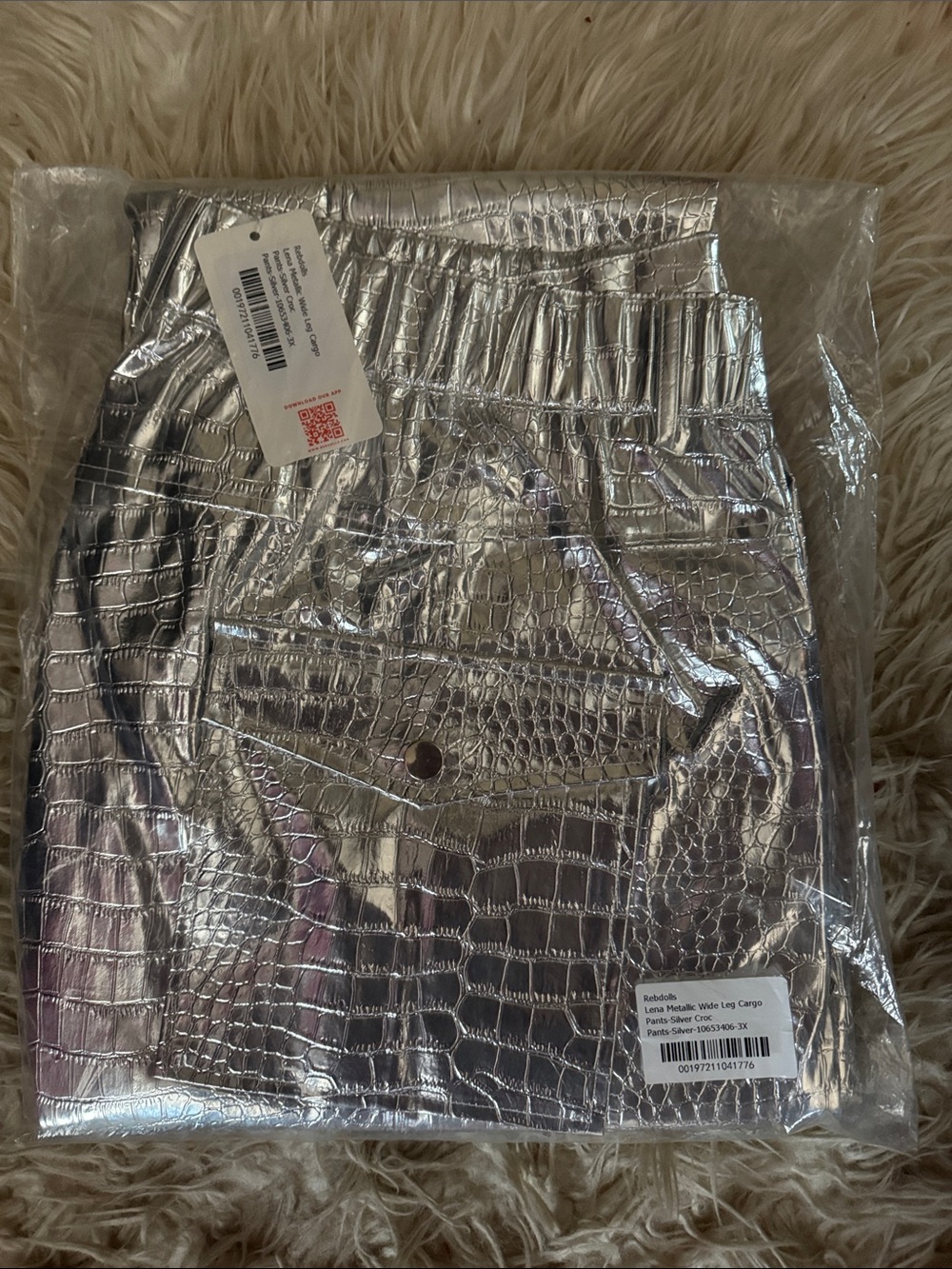Metallic Silver Croc-Embossed Cargo Pants